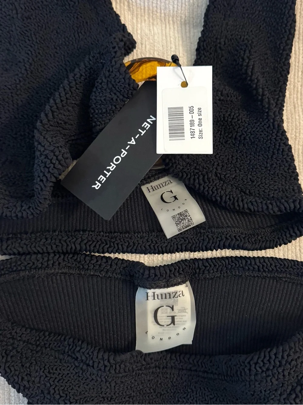 NWT Hunza G Bikini Set Black Coco Ring Crinkle Stretchy One Size Tortoiseshell